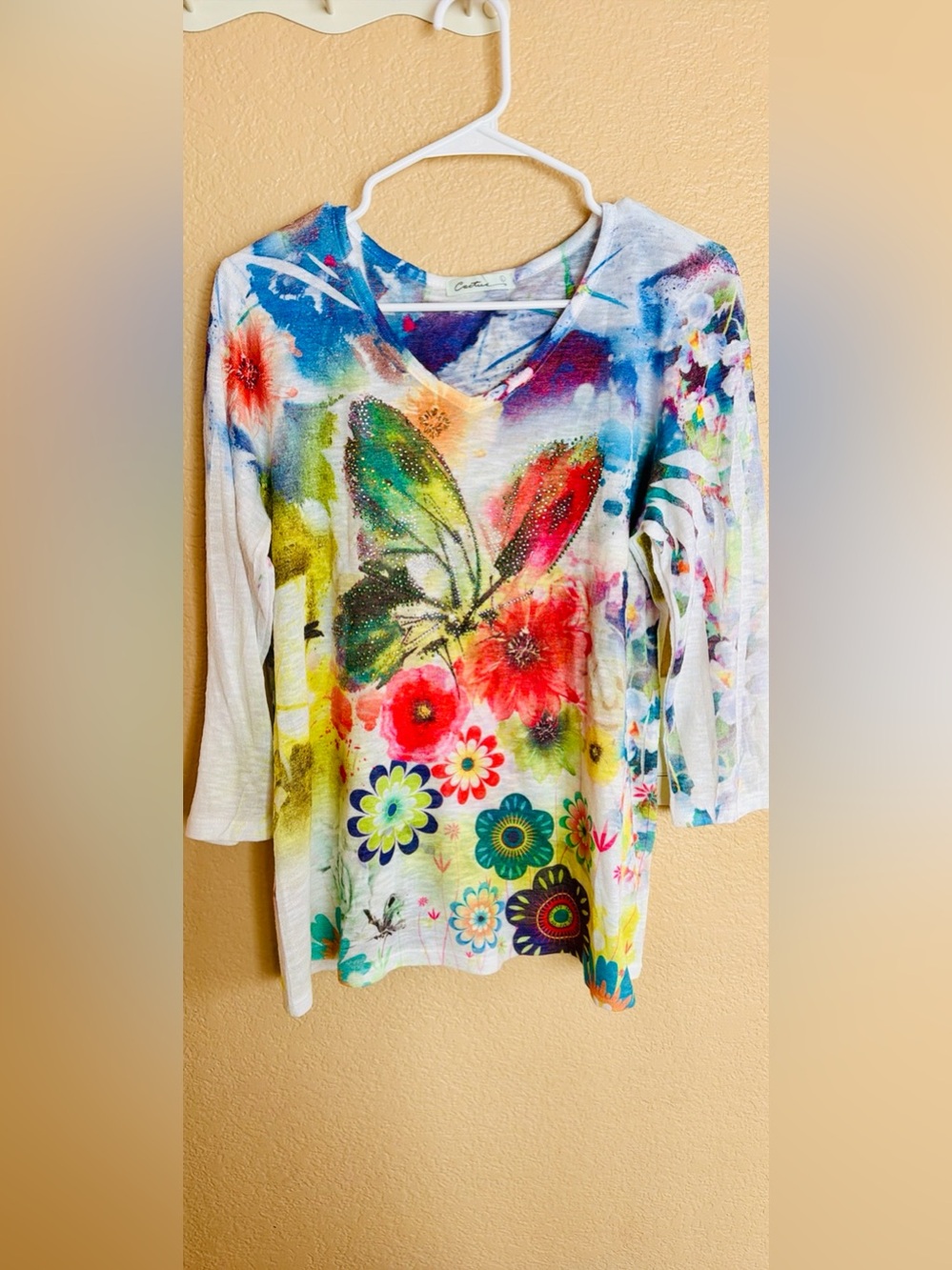 Y2K- Cactus White Multicolor V-Neck Butterfly & Floral Long Sleeve Top